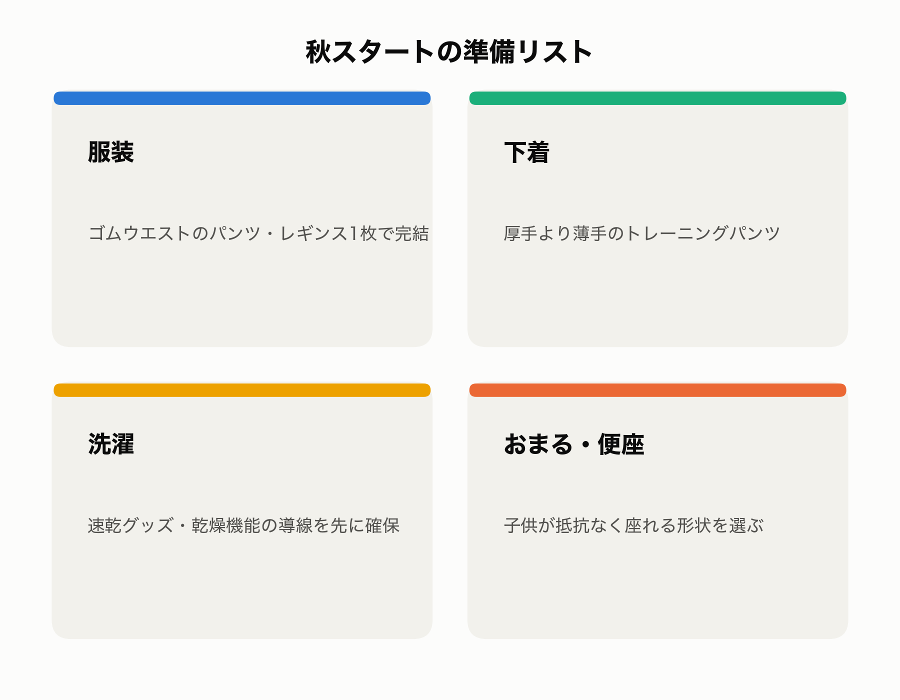 秋スタートの準備リスト、服装・下着・洗濯・おまるの4項目