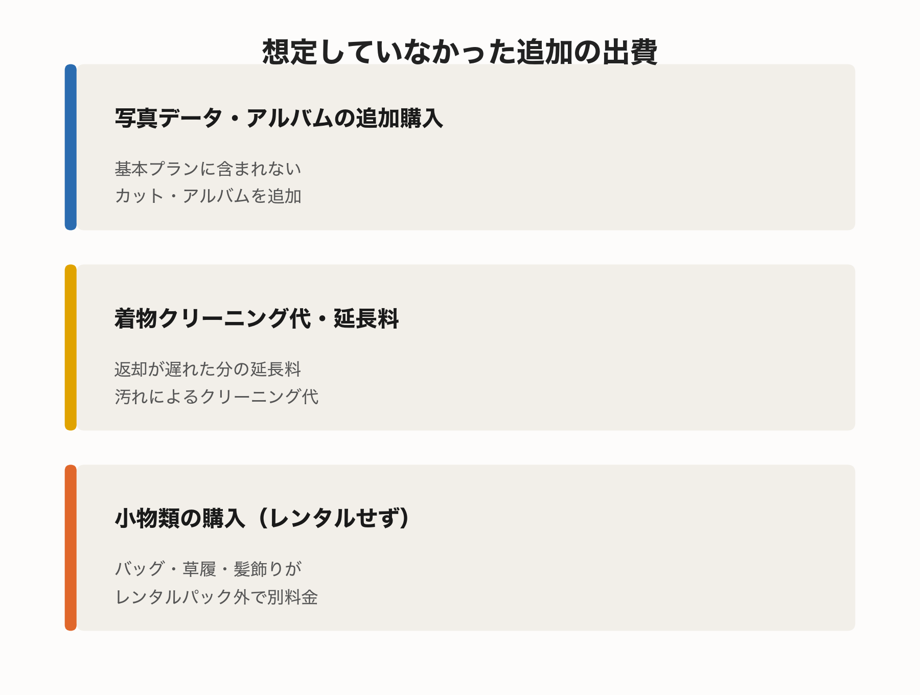 想定していなかった追加の出費3項目（写真データ・クリーニング代・小物購入）