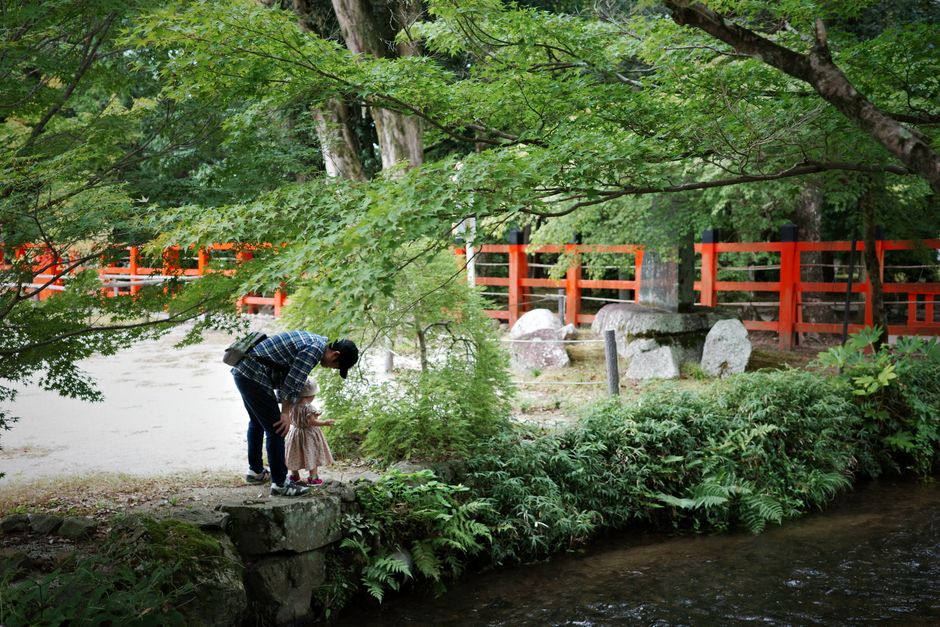親子で公園を歩く